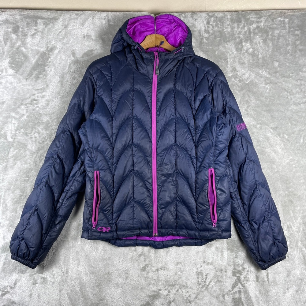 Outdoor Research Aria Hoody Women Medium Blue Goose Down Puffer Jacket 97571